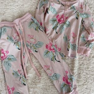 SweetHoney magnolia print Pink Floral Kids jogger Set with Mint Leaf Accents